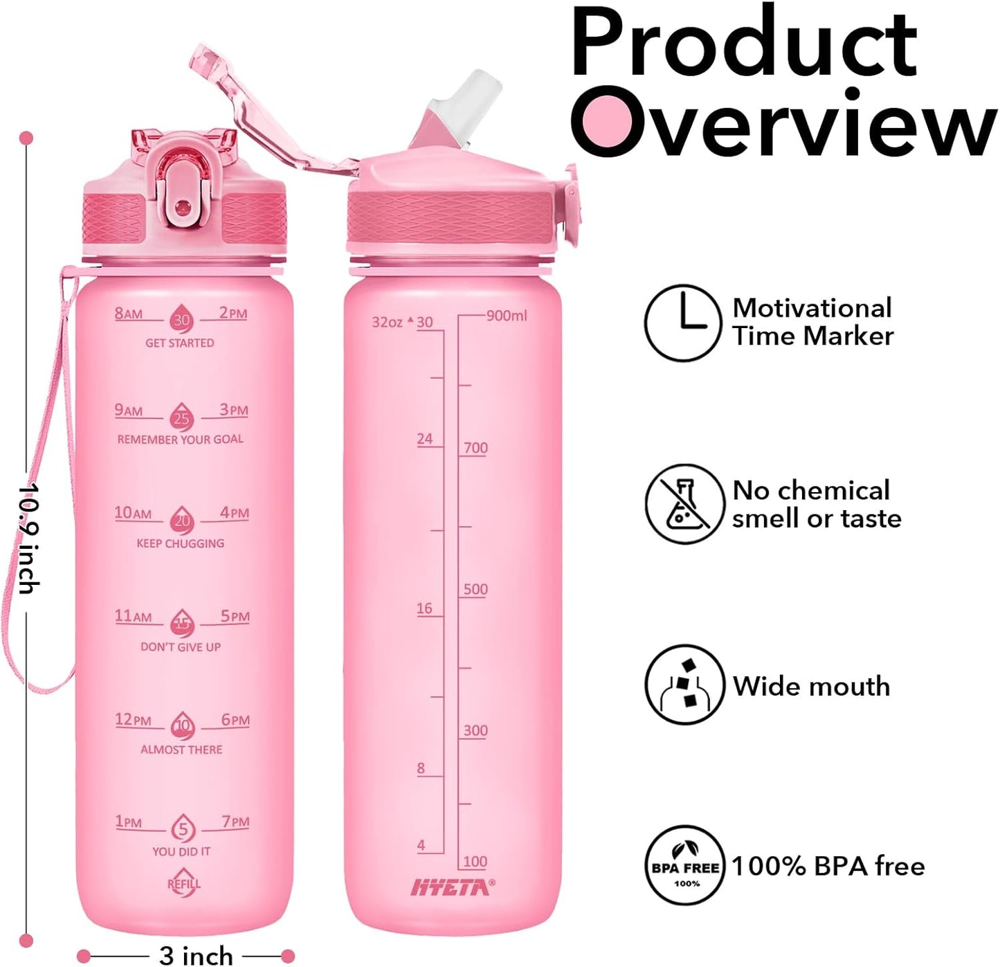 Plastic Water Bottle With Straw & Time Marker, 32oz Leakproof Jug | Motivational Tritan BPA Free Gym Office Outdoor Intake Tracker Hourly Reminder Straw Lid Lightweight