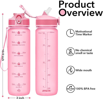 Plastic Water Bottle With Straw & Time Marker, 32oz Leakproof Jug | Motivational Tritan BPA Free Gym Office Outdoor Intake Tracker Hourly Reminder Straw Lid Lightweight