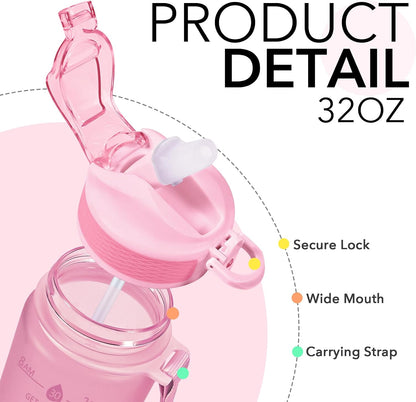 Plastic Water Bottle With Straw & Time Marker, 32oz Leakproof Jug | Motivational Tritan BPA Free Gym Office Outdoor Intake Tracker Hourly Reminder Straw Lid Lightweight