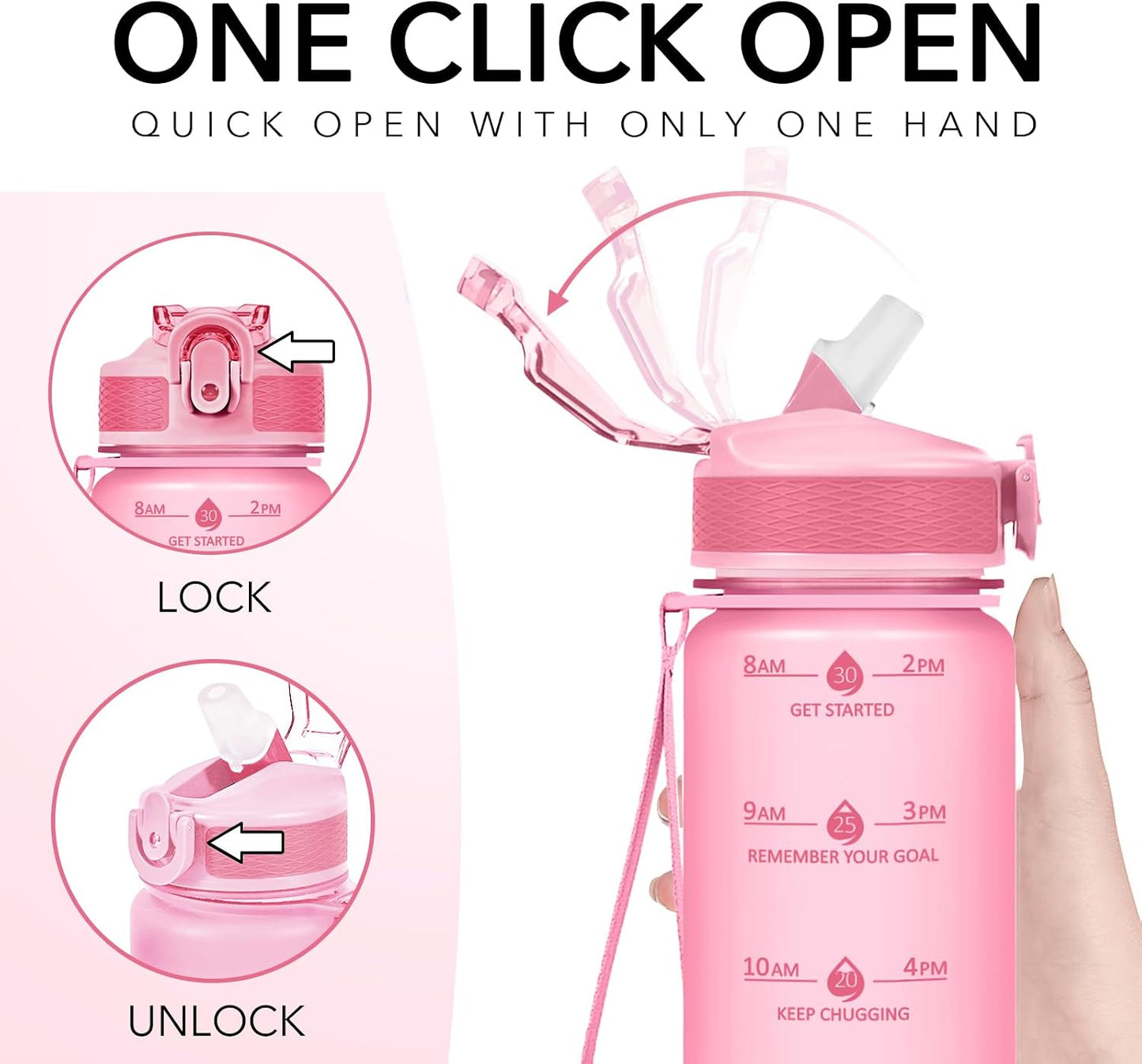 Plastic Water Bottle With Straw & Time Marker, 32oz Leakproof Jug | Motivational Tritan BPA Free Gym Office Outdoor Intake Tracker Hourly Reminder Straw Lid Lightweight