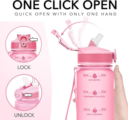 Plastic Water Bottle With Straw & Time Marker, 32oz Leakproof Jug | Motivational Tritan BPA Free Gym Office Outdoor Intake Tracker Hourly Reminder Straw Lid Lightweight
