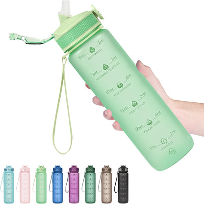 Plastic Water Bottle With Straw & Time Marker, 32oz Leakproof Jug | Motivational Tritan BPA Free Gym Office Outdoor Intake Tracker Hourly Reminder Straw Lid Lightweight