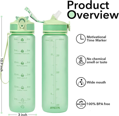 Plastic Water Bottle With Straw & Time Marker, 32oz Leakproof Jug | Motivational Tritan BPA Free Gym Office Outdoor Intake Tracker Hourly Reminder Straw Lid Lightweight