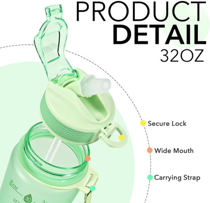 Plastic Water Bottle With Straw & Time Marker, 32oz Leakproof Jug | Motivational Tritan BPA Free Gym Office Outdoor Intake Tracker Hourly Reminder Straw Lid Lightweight