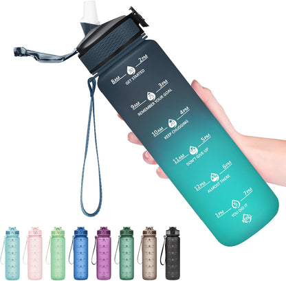 Plastic Water Bottle With Straw & Time Marker, 32oz Leakproof Jug | Motivational Tritan BPA Free Gym Office Outdoor Intake Tracker Hourly Reminder Straw Lid Lightweight