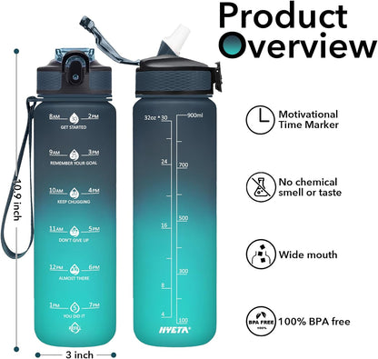 Plastic Water Bottle With Straw & Time Marker, 32oz Leakproof Jug | Motivational Tritan BPA Free Gym Office Outdoor Intake Tracker Hourly Reminder Straw Lid Lightweight