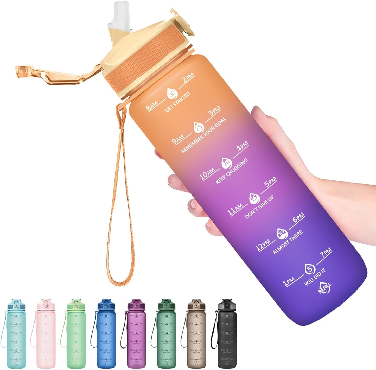 Plastic Water Bottle With Straw & Time Marker, 32oz Leakproof Jug | Motivational Tritan BPA Free Gym Office Outdoor Intake Tracker Hourly Reminder Straw Lid Lightweight