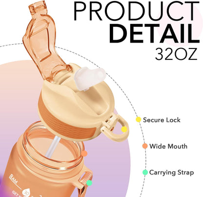 Plastic Water Bottle With Straw & Time Marker, 32oz Leakproof Jug | Motivational Tritan BPA Free Gym Office Outdoor Intake Tracker Hourly Reminder Straw Lid Lightweight