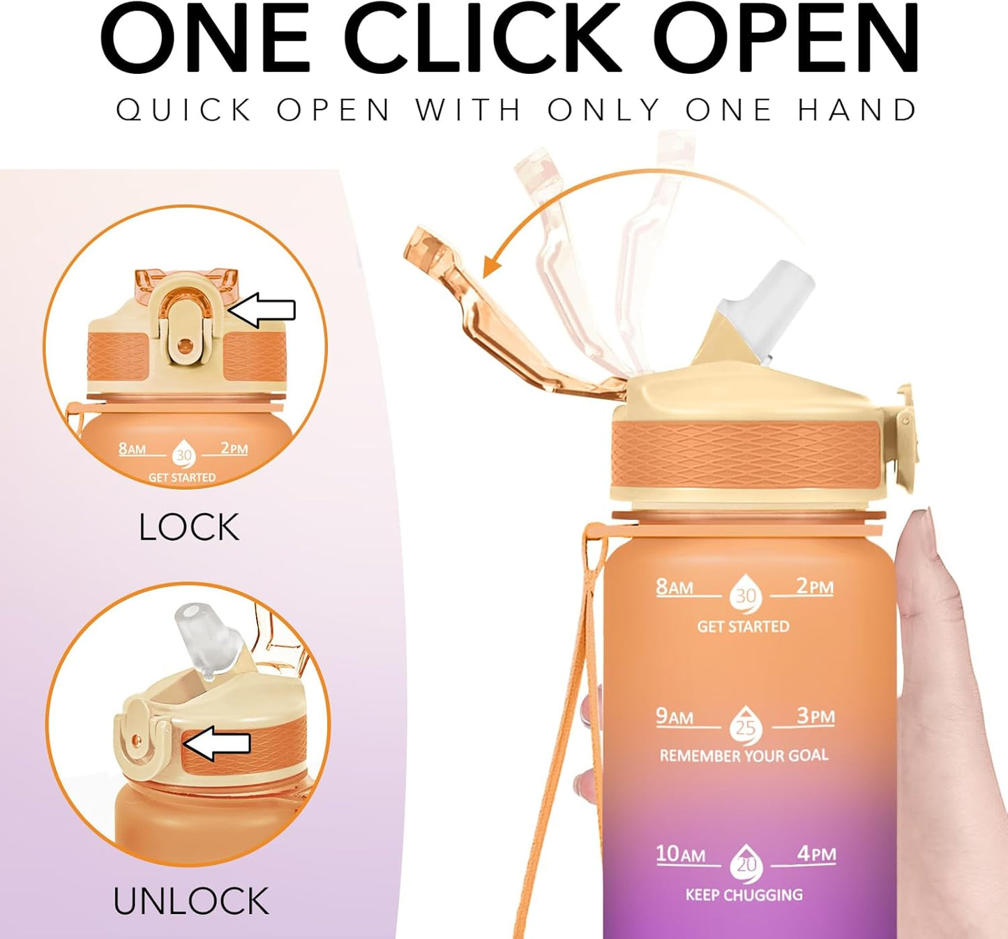 Plastic Water Bottle With Straw & Time Marker, 32oz Leakproof Jug | Motivational Tritan BPA Free Gym Office Outdoor Intake Tracker Hourly Reminder Straw Lid Lightweight