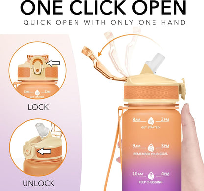 Plastic Water Bottle With Straw & Time Marker, 32oz Leakproof Jug | Motivational Tritan BPA Free Gym Office Outdoor Intake Tracker Hourly Reminder Straw Lid Lightweight