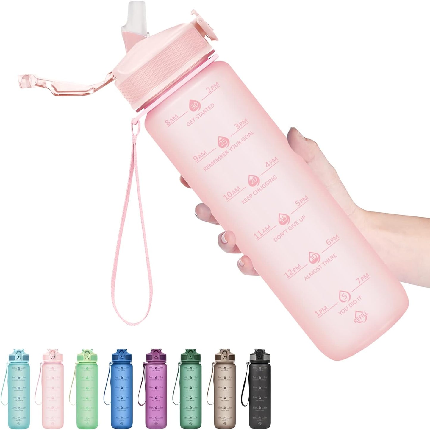Plastic Water Bottle With Straw & Time Marker, 32oz Leakproof Jug | Motivational Tritan BPA Free Gym Office Outdoor Intake Tracker Hourly Reminder Straw Lid Lightweight
