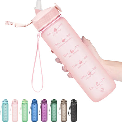 Plastic Water Bottle With Straw & Time Marker, 32oz Leakproof Jug | Motivational Tritan BPA Free Gym Office Outdoor Intake Tracker Hourly Reminder Straw Lid Lightweight
