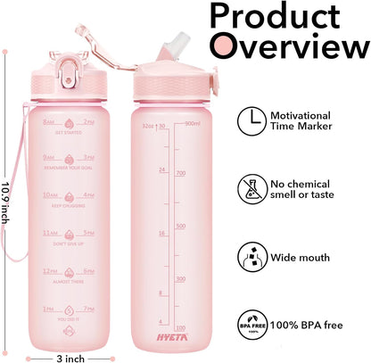 Plastic Water Bottle With Straw & Time Marker, 32oz Leakproof Jug | Motivational Tritan BPA Free Gym Office Outdoor Intake Tracker Hourly Reminder Straw Lid Lightweight