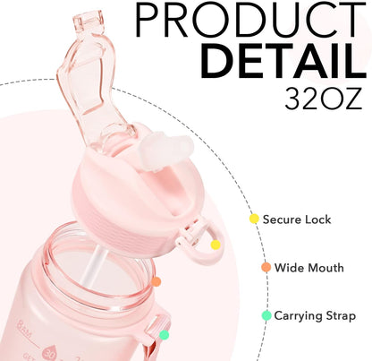 Plastic Water Bottle With Straw & Time Marker, 32oz Leakproof Jug | Motivational Tritan BPA Free Gym Office Outdoor Intake Tracker Hourly Reminder Straw Lid Lightweight