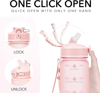 Plastic Water Bottle With Straw & Time Marker, 32oz Leakproof Jug | Motivational Tritan BPA Free Gym Office Outdoor Intake Tracker Hourly Reminder Straw Lid Lightweight