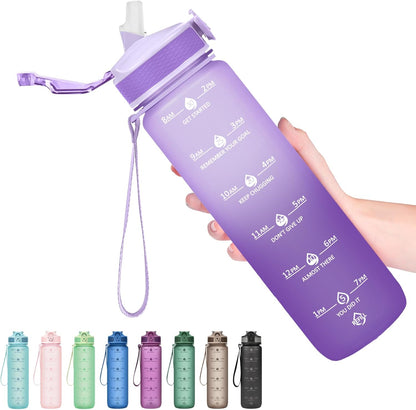 Plastic Water Bottle With Straw & Time Marker, 32oz Leakproof Jug | Motivational Tritan BPA Free Gym Office Outdoor Intake Tracker Hourly Reminder Straw Lid Lightweight