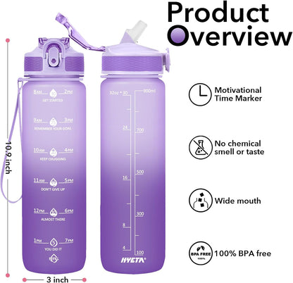 Plastic Water Bottle With Straw & Time Marker, 32oz Leakproof Jug | Motivational Tritan BPA Free Gym Office Outdoor Intake Tracker Hourly Reminder Straw Lid Lightweight