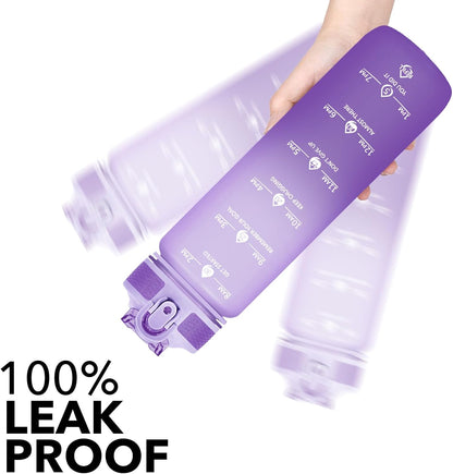 Plastic Water Bottle With Straw & Time Marker, 32oz Leakproof Jug | Motivational Tritan BPA Free Gym Office Outdoor Intake Tracker Hourly Reminder Straw Lid Lightweight