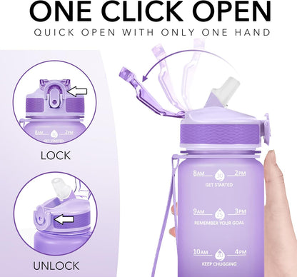 Plastic Water Bottle With Straw & Time Marker, 32oz Leakproof Jug | Motivational Tritan BPA Free Gym Office Outdoor Intake Tracker Hourly Reminder Straw Lid Lightweight