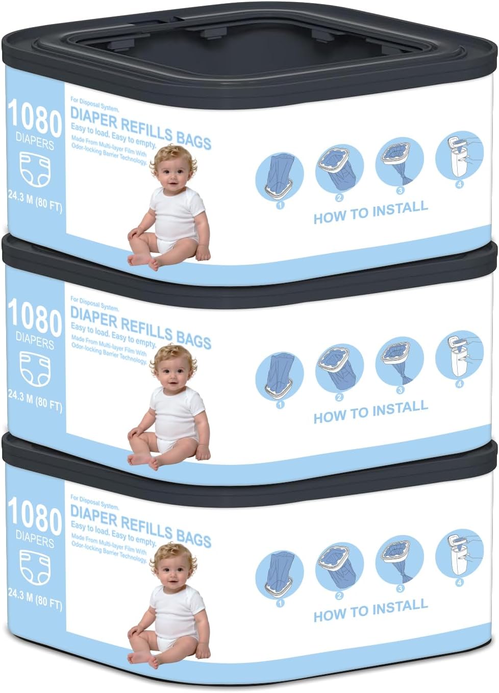 Jumbo+ Square Refills Disposal Bags Refill Compatible with Diaper Genie Compact, Classic and Select Pails, Hold Up to 1080 Newborn-Sized Diapers Per Refill, Pack of 3
