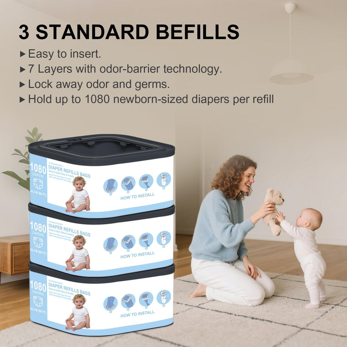 Jumbo+ Square Refills Disposal Bags Refill Compatible with Diaper Genie Compact, Classic and Select Pails, Hold Up to 1080 Newborn-Sized Diapers Per Refill, Pack of 3