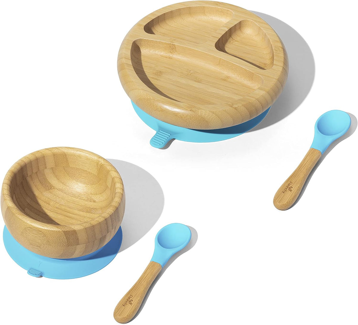 Avanchy Baby Feeding Set, Bamboo Suction Plate, Bowl & 2 Spoons, Blue