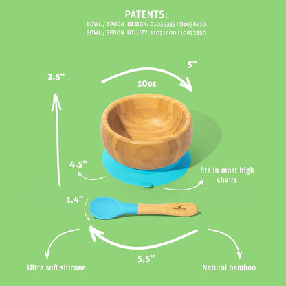 Avanchy Baby Feeding Set, Bamboo Suction Plate, Bowl & 2 Spoons, Blue