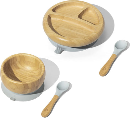 Avanchy Baby Feeding Set, Bamboo Suction Plate, Bowl & 2 Spoons, Blue