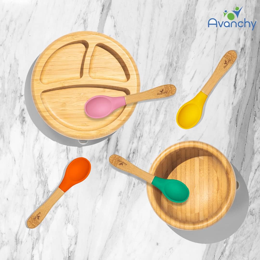 Avanchy Baby Feeding Set, Bamboo Suction Plate, Bowl & 2 Spoons, Blue