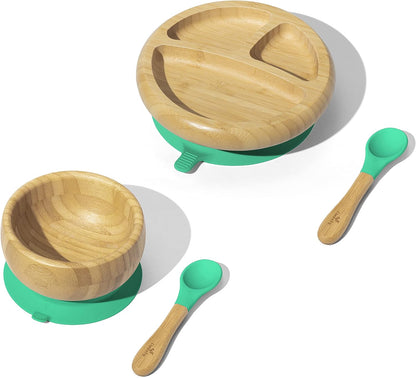 Avanchy Baby Feeding Set, Bamboo Suction Plate, Bowl & 2 Spoons, Blue