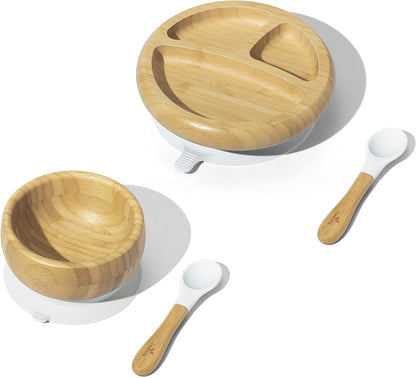 Avanchy Baby Feeding Set, Bamboo Suction Plate, Bowl & 2 Spoons, Blue