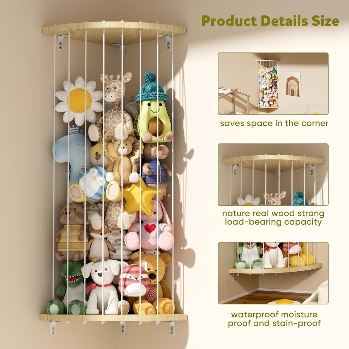 Corner Stuffed Animal Storage, 60-80 Inch,Wooden Stuffed Animal Organizer