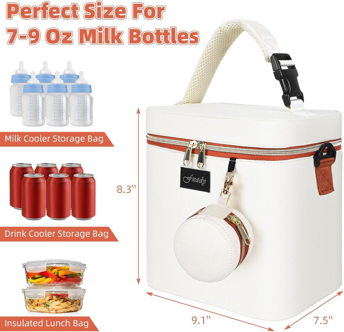 Breastmilk Cooler Bag with Ice Pack, Insulated Baby Bottle Tote Bag for 6 Bottles Up to 9 oz, Clip-On Pouch for Baby Essentials, Leakproof, Waterproof, Shoulder Strap for Nursing Moms