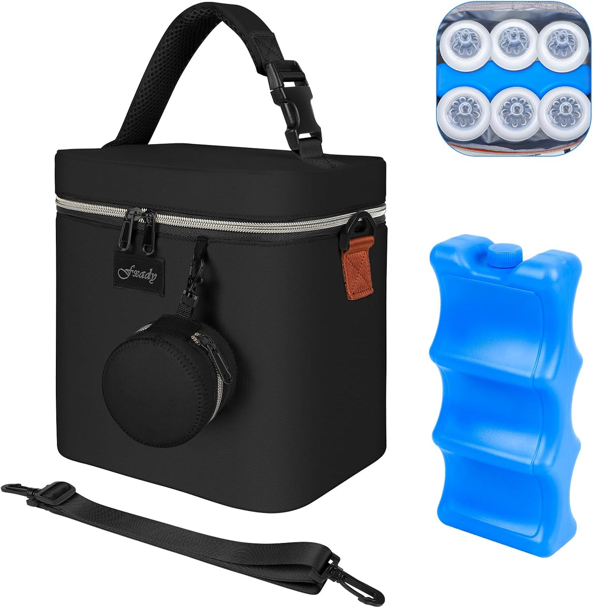 Breastmilk Cooler Bag with Ice Pack, Insulated Baby Bottle Tote Bag for 6 Bottles Up to 9 oz, Clip-On Pouch for Baby Essentials, Leakproof, Waterproof, Shoulder Strap for Nursing Moms