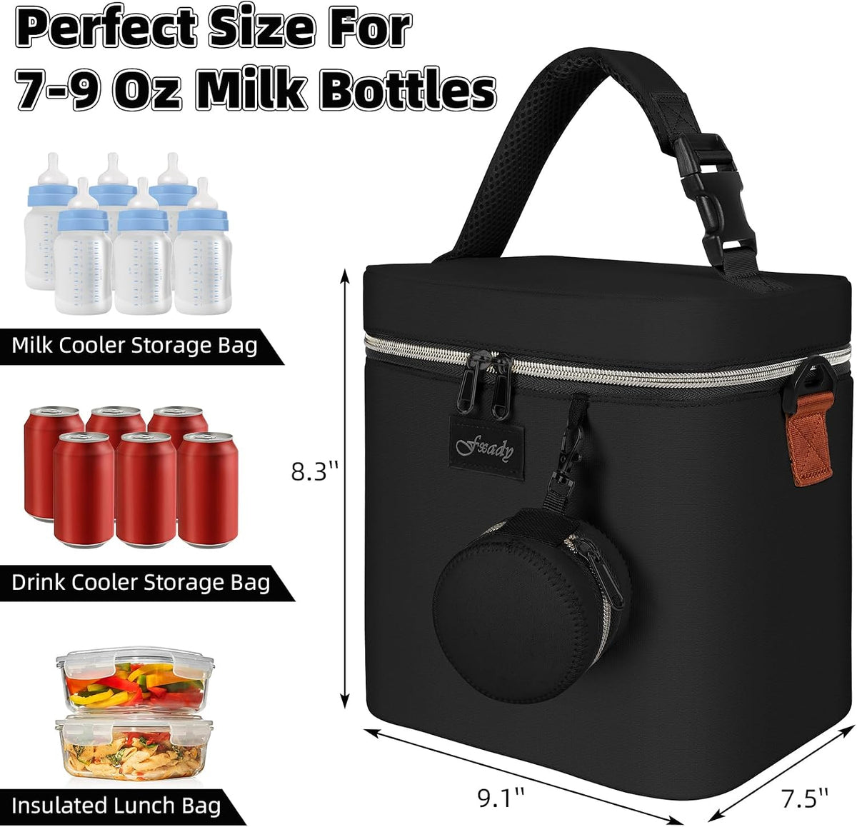 Breastmilk Cooler Bag with Ice Pack, Insulated Baby Bottle Tote Bag for 6 Bottles Up to 9 oz, Clip-On Pouch for Baby Essentials, Leakproof, Waterproof, Shoulder Strap for Nursing Moms