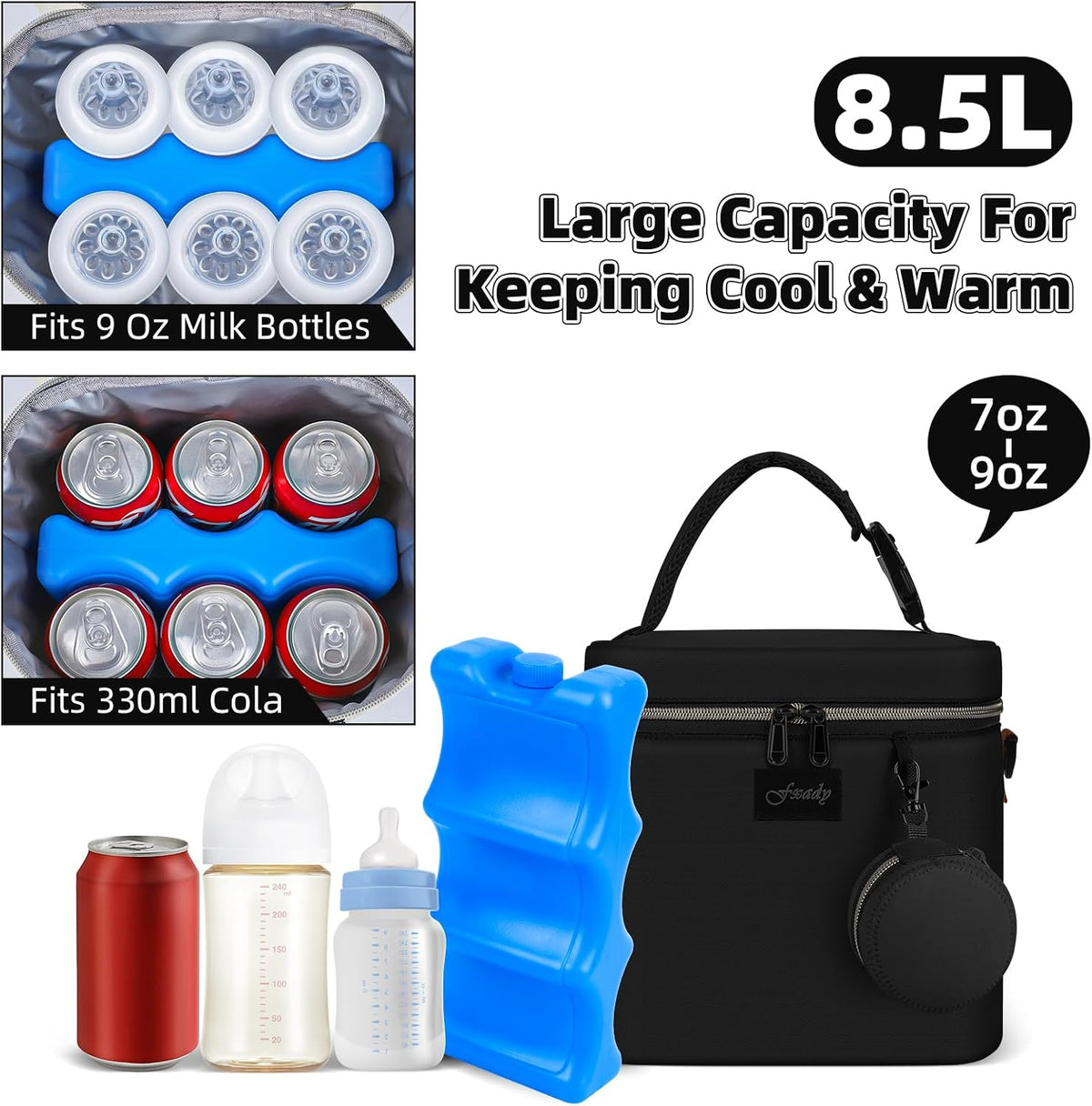 Breastmilk Cooler Bag with Ice Pack, Insulated Baby Bottle Tote Bag for 6 Bottles Up to 9 oz, Clip-On Pouch for Baby Essentials, Leakproof, Waterproof, Shoulder Strap for Nursing Moms