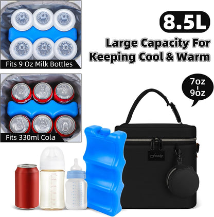 Breastmilk Cooler Bag with Ice Pack, Insulated Baby Bottle Tote Bag for 6 Bottles Up to 9 oz, Clip-On Pouch for Baby Essentials, Leakproof, Waterproof, Shoulder Strap for Nursing Moms