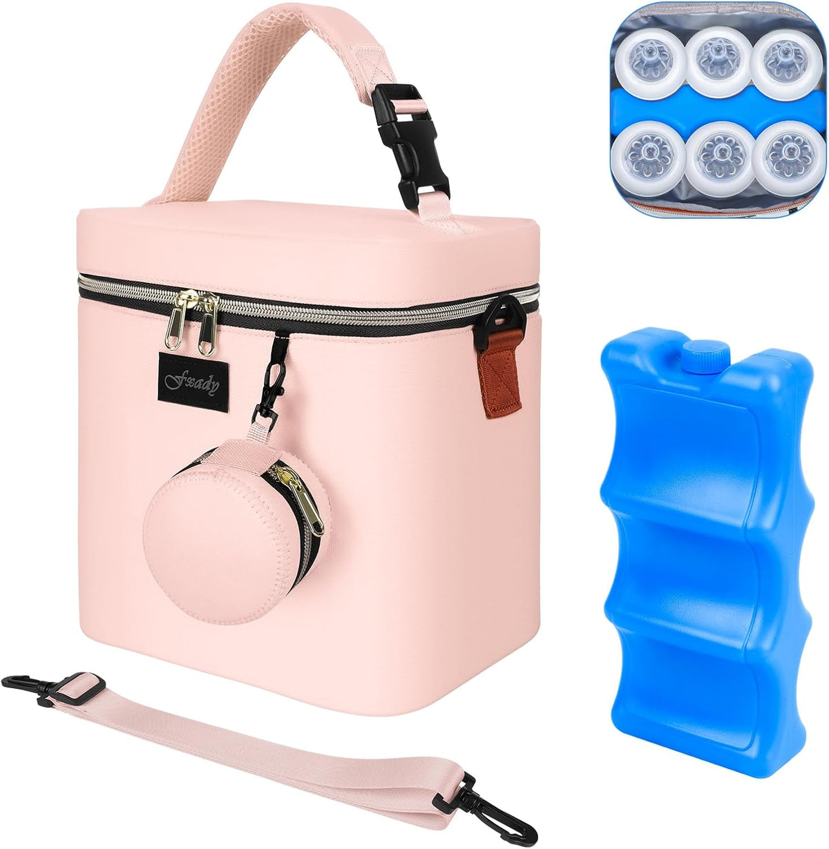 Breastmilk Cooler Bag with Ice Pack, Insulated Baby Bottle Tote Bag for 6 Bottles Up to 9 oz, Clip-On Pouch for Baby Essentials, Leakproof, Waterproof, Shoulder Strap for Nursing Moms