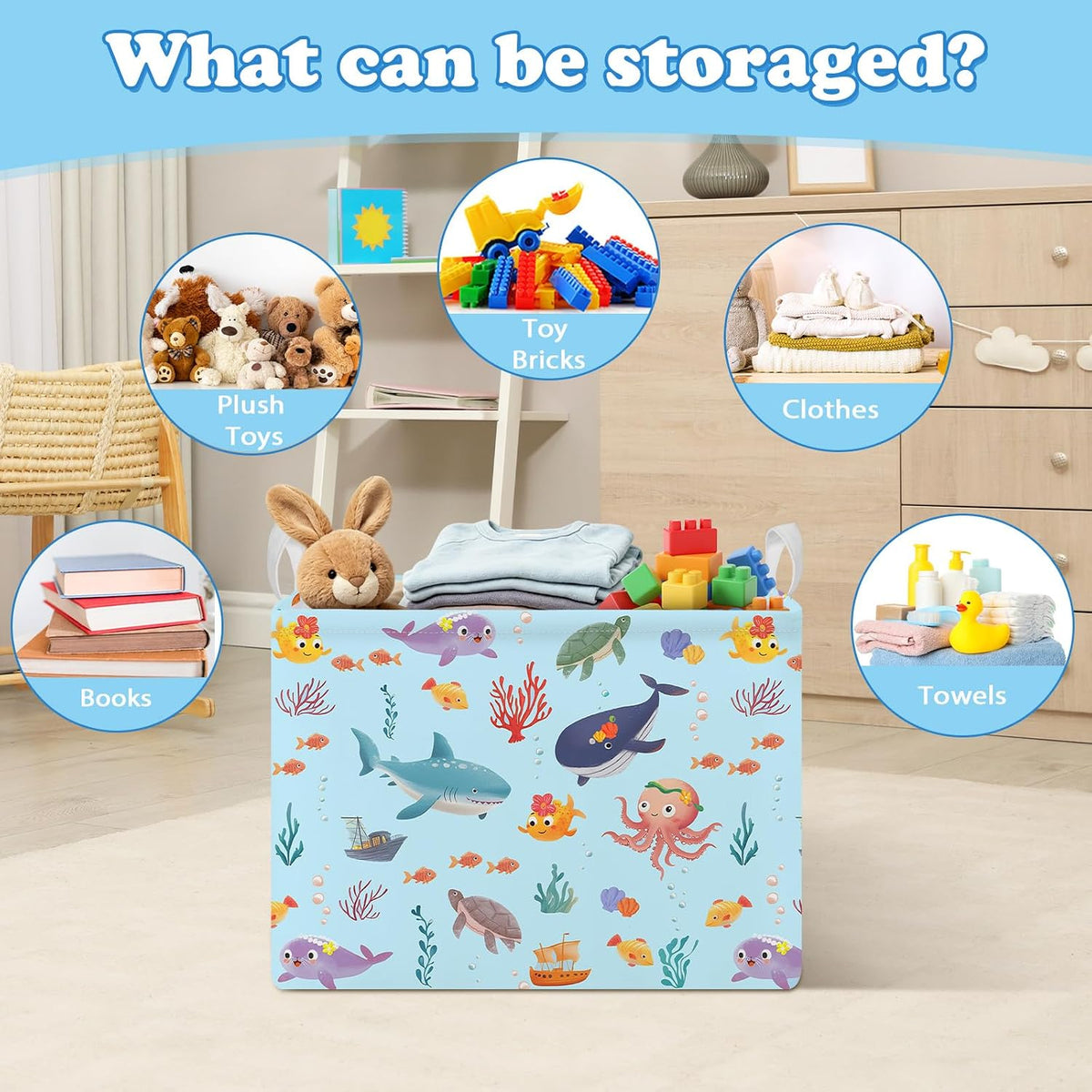 Rectangular Storage Basket Kids Collapsible Organizer Bin with Handles