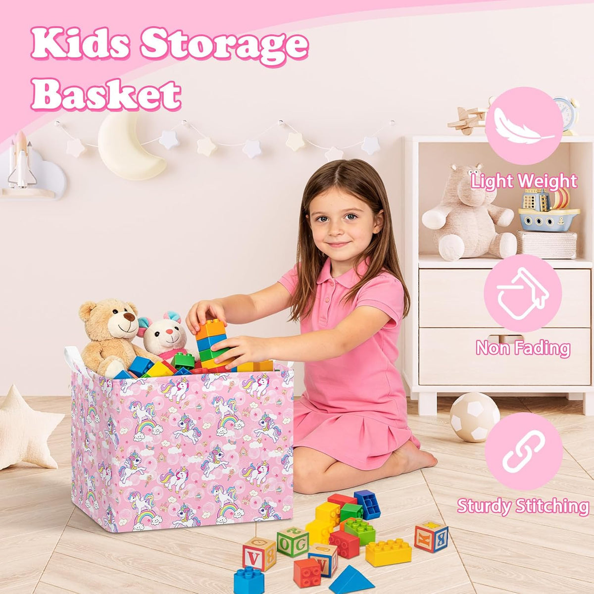 Rectangular Storage Basket Kids Collapsible Organizer Bin with Handles