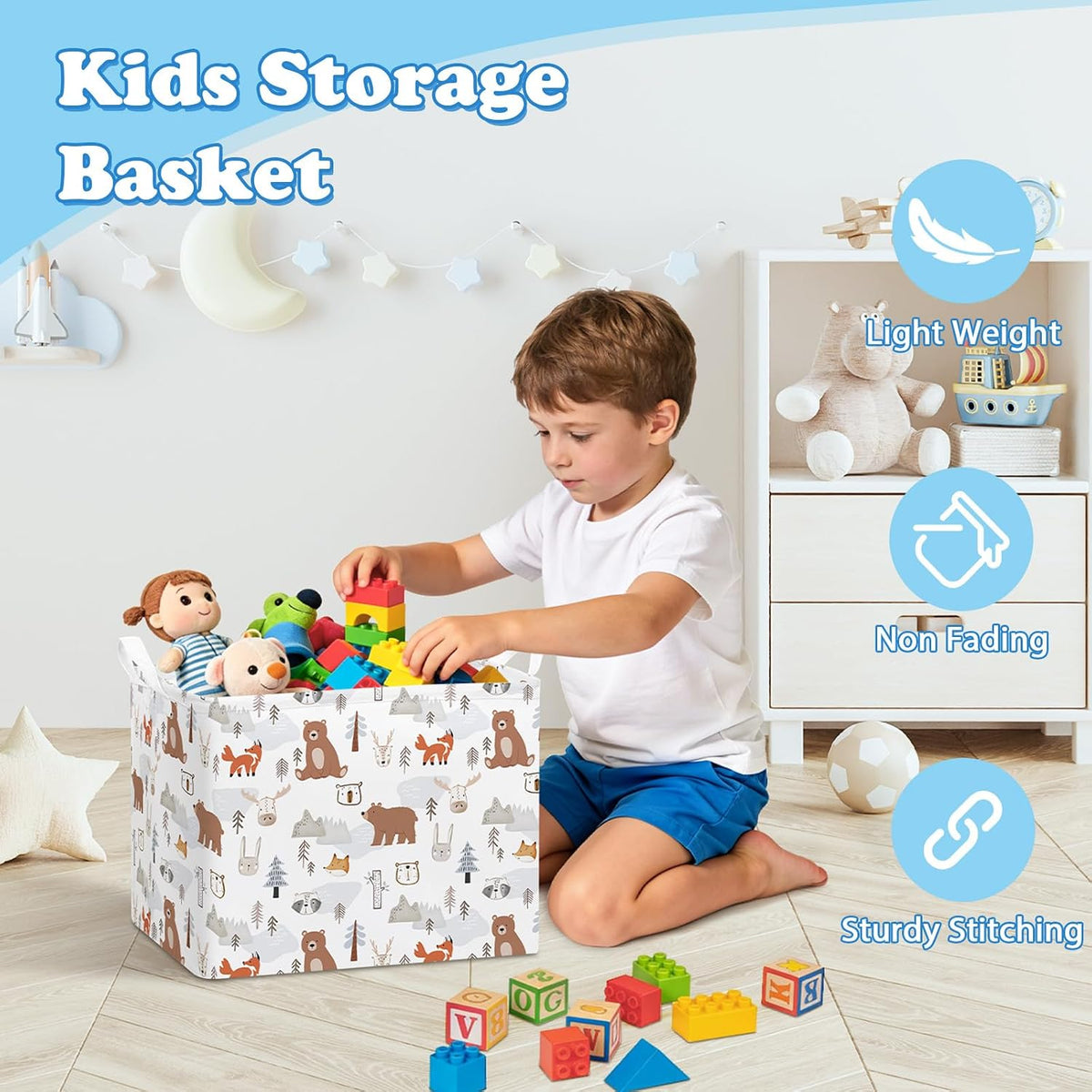 Rectangular Storage Basket Kids Collapsible Organizer Bin with Handles