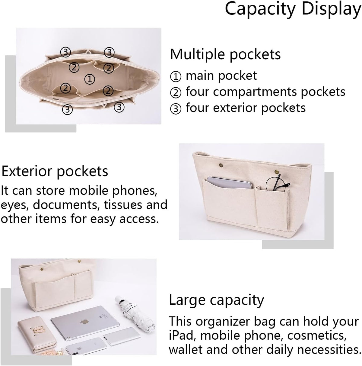 Lightweight Handbag Organizers Insert with Multiple Pockets - Handbag Organizer for Storage and Organization, Cosmetic Bag, Cotton Canvas （XS, Beige）