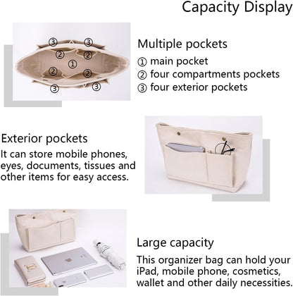 Lightweight Handbag Organizers Insert with Multiple Pockets - Handbag Organizer for Storage and Organization, Cosmetic Bag, Cotton Canvas （XS, Beige）