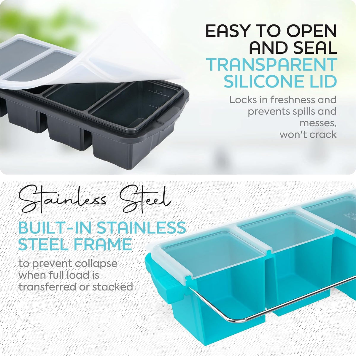 Silicone Freezer Tray With Lid-Soup Freezer Container molds-Large Ice Cube Tray Set Makes 1-Cup & 2-Cup portions cubes Perfect for preparing meals in different portion sizes Oven & Dishwasher -Safe