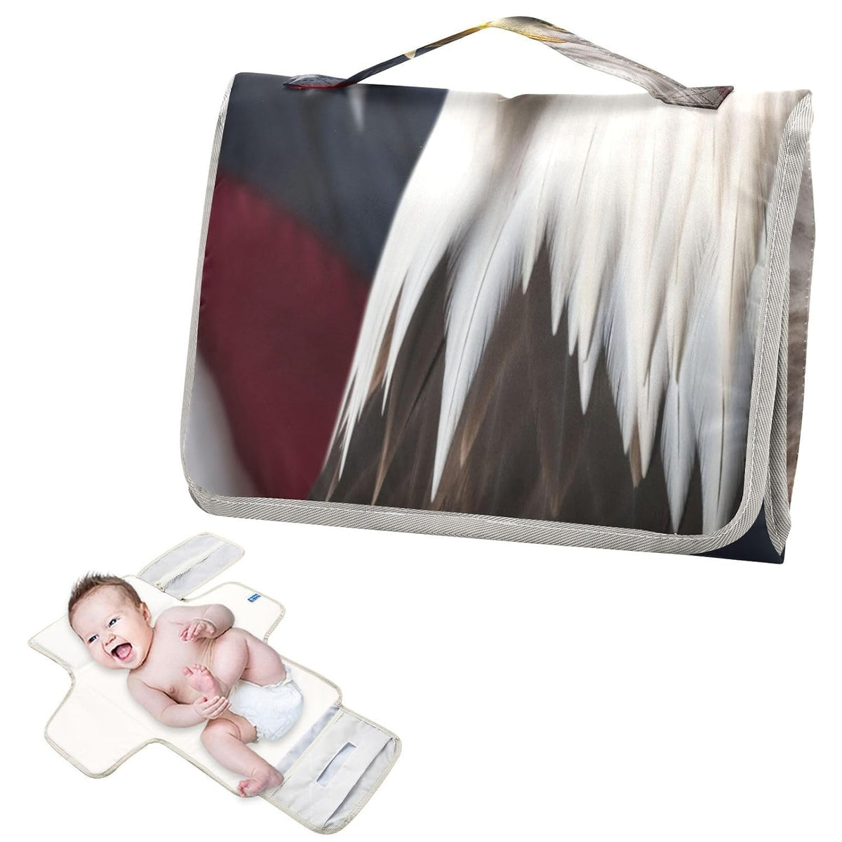 American Flag Bald Eagle Portable Diaper Changing Pad, Waterproof Baby Changing Mat with Storage Pocket & Built-in Pillow, Foldable Travel Pad, Newborn Gift Set for Boy Girl