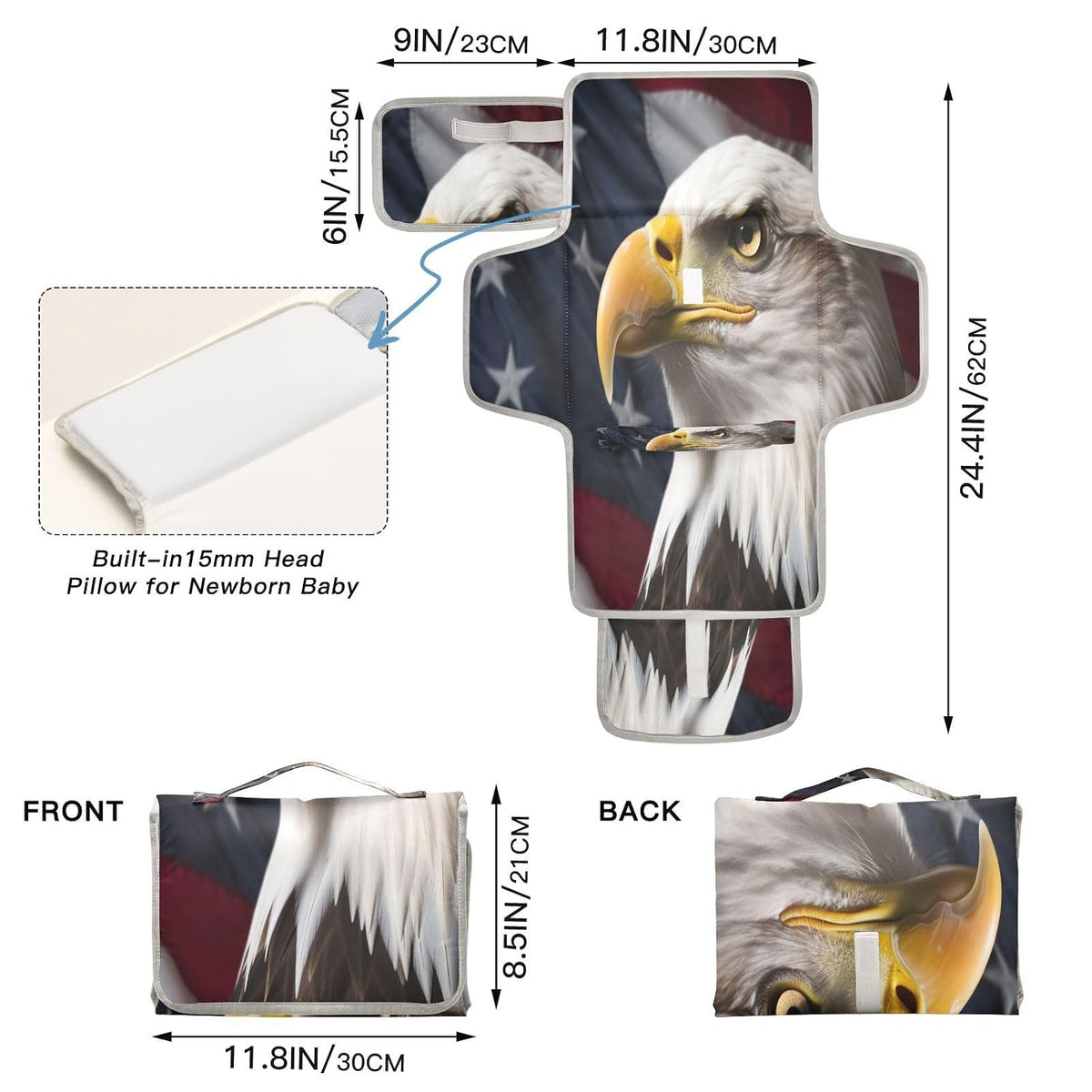 American Flag Bald Eagle Portable Diaper Changing Pad, Waterproof Baby Changing Mat with Storage Pocket & Built-in Pillow, Foldable Travel Pad, Newborn Gift Set for Boy Girl