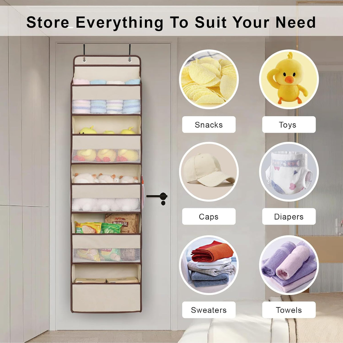 Heavy Duty Over Door Organizer, Large Wall Mount Hanging Organizer Storage, Closet Bathroom Nursery Bedroom Dorm, Toys Cosmetics Sundries and Baby Essentials, Beige