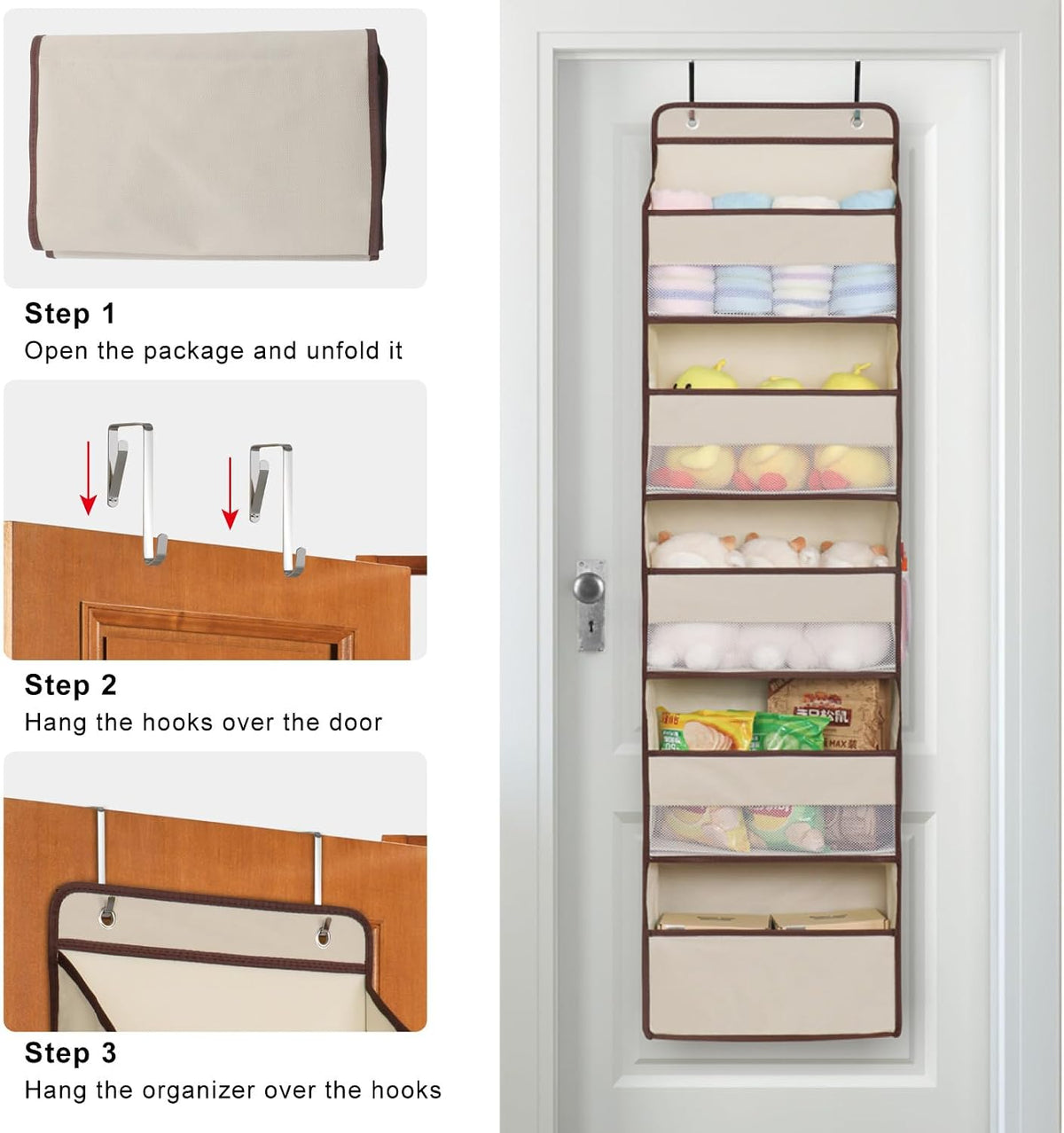 Heavy Duty Over Door Organizer, Large Wall Mount Hanging Organizer Storage, Closet Bathroom Nursery Bedroom Dorm, Toys Cosmetics Sundries and Baby Essentials, Beige