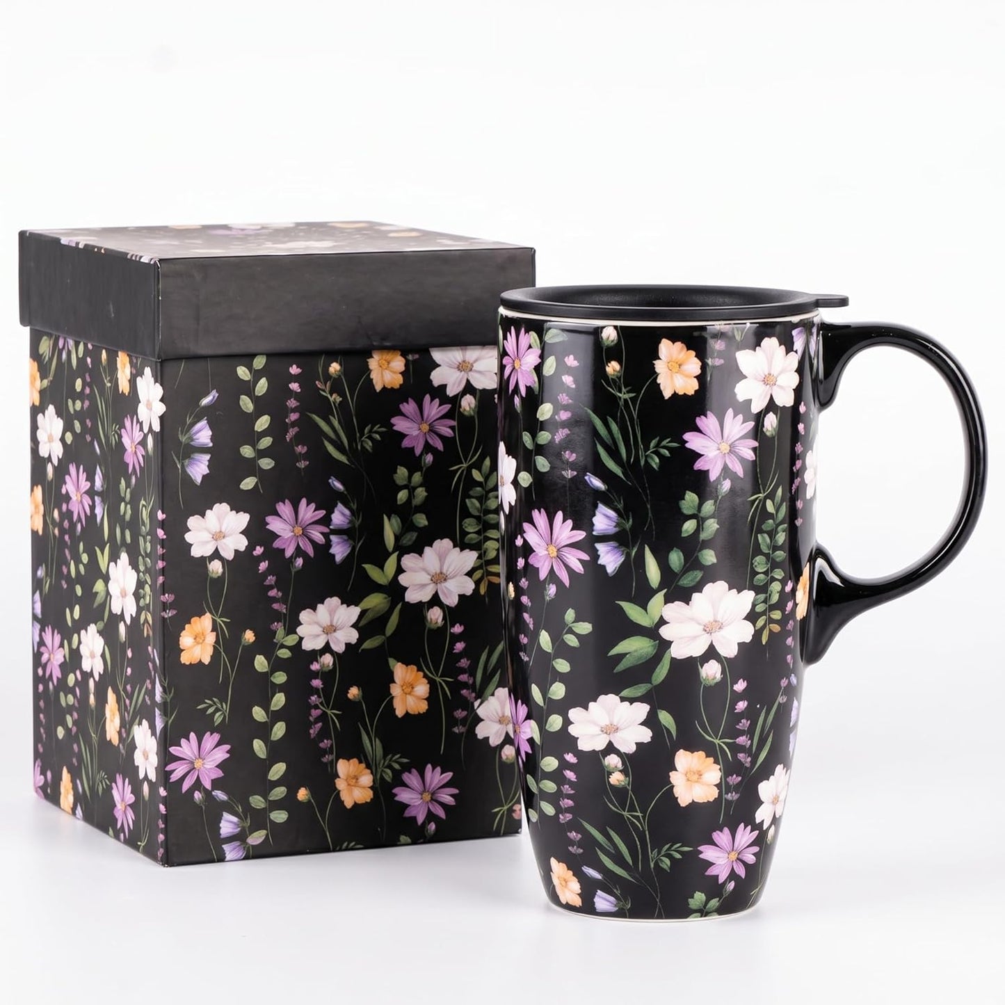 17oz Ceramic Travel Mug with Lid, Peacock Feather Coffee Cup | Microwave&Dishwasher Safe, Cup Holder Friendly, Large Tea Cup with Handle & Gift Box, Commute Office Home Use, Great Mom Gift