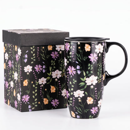 17oz Ceramic Travel Mug with Lid, Peacock Feather Coffee Cup | Microwave&Dishwasher Safe, Cup Holder Friendly, Large Tea Cup with Handle & Gift Box, Commute Office Home Use, Great Mom Gift